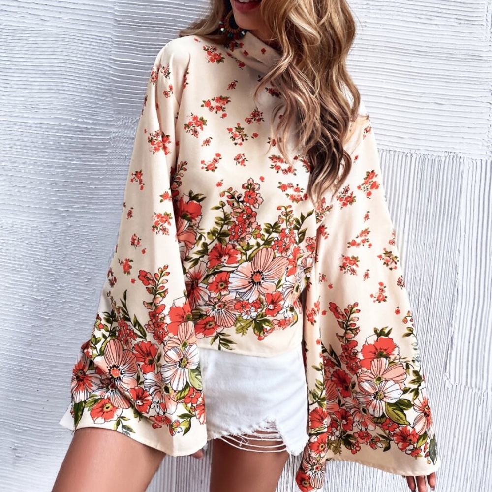 Boho Floral Print Tie Bell Sleeve Top Cream - Picture 4 of 11